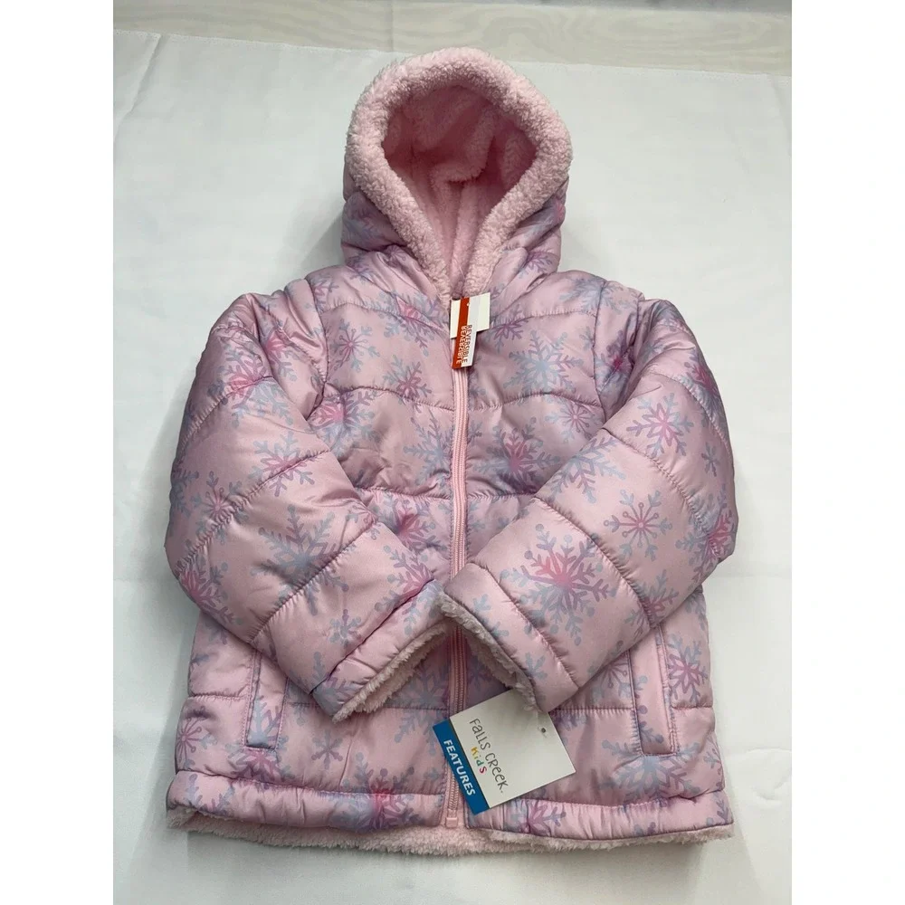 FALLS CREEK New $50 Girls 5T Pink Snowflake Reversible Hooded Winter Jacket Coat